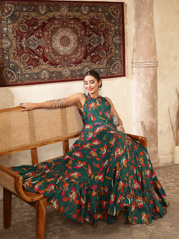 Kimayra Cotton Calf Length Printed Sleeveless Key Hole Neck Flared Kurta