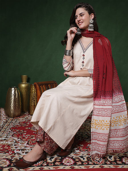 Kimayra Cotton Flex Calf Length Solid 3/4 Sleeves V-Neck Straight Kurta Suit Set