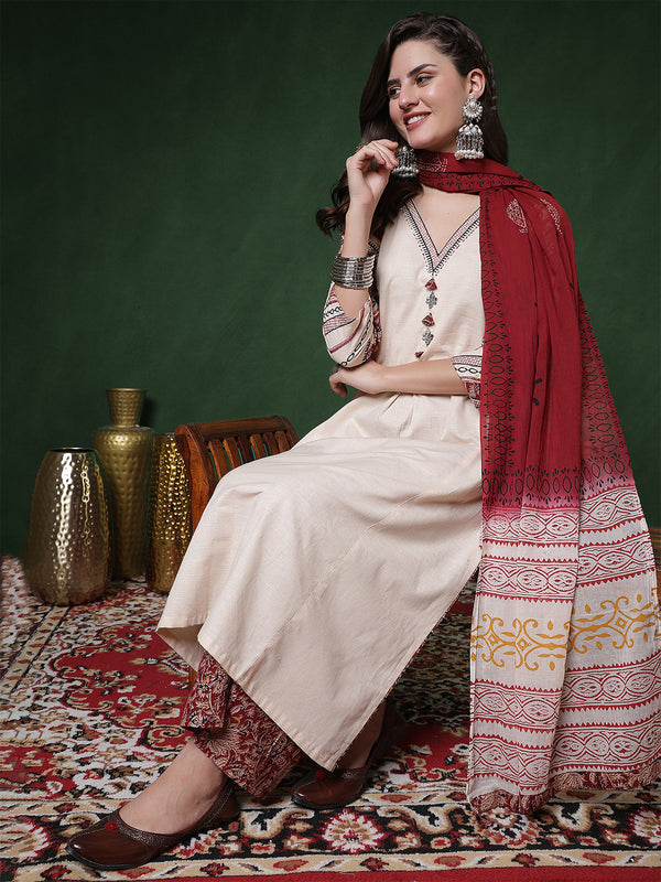Kimayra Cotton Flex Calf Length Solid 3/4 Sleeves V-Neck Straight Kurta Suit Set