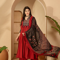 Kimayra Rayon Calf Length Solid 3/4 Sleeve V-Neck Flared Kurta Suit Set