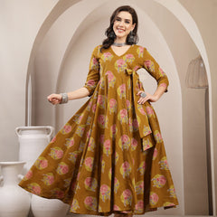 Kimayra Cotton Calf Length Printed 3/4 Sleeve V-Neck Flared Kurta
