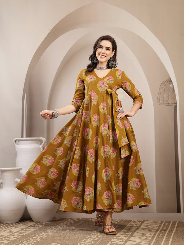 Kimayra Cotton Calf Length Printed 3/4 Sleeve V-Neck Flared Kurta