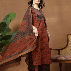 Kimayra Cotton Calf Length Printed 3/4 Sleeve Round Neck Straight Kurta Suit Set