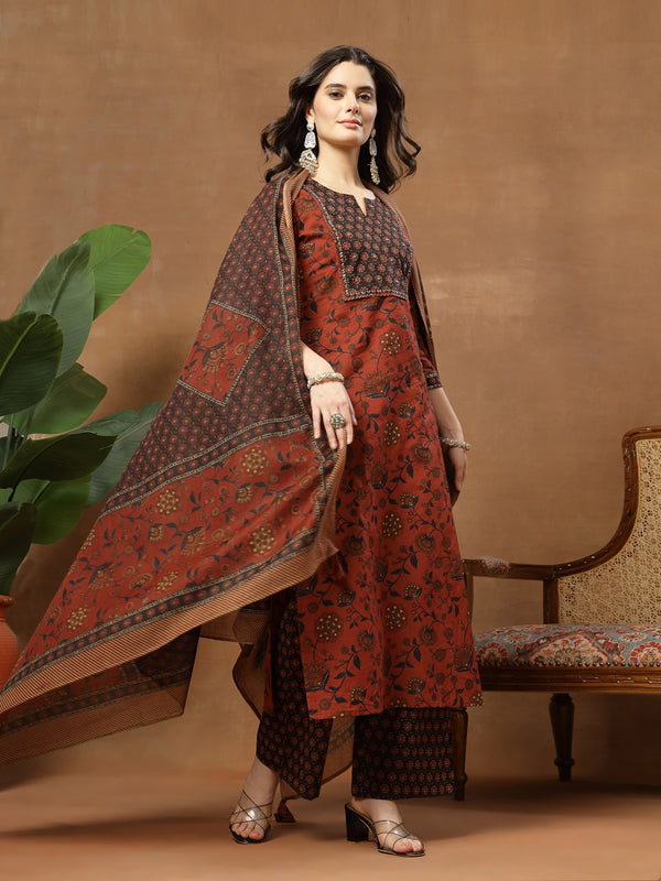 Kimayra Cotton Calf Length Printed 3/4 Sleeve Round Neck Straight Kurta Suit Set