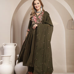 Kimayra Cotton Calf Length Solid 3/4 Sleeve V-Neck Flared Kurta Suit Set