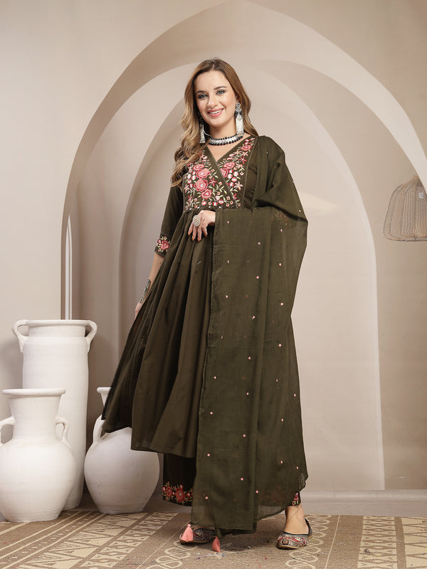 Kimayra Cotton Calf Length Solid 3/4 Sleeve V-Neck Flared Kurta Suit Set