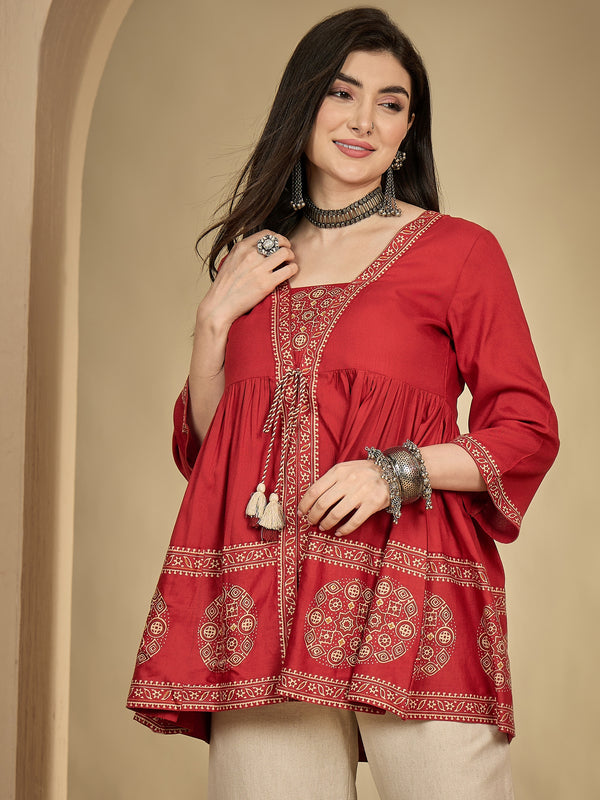 Kimayra Rayon Hip Length Printed 3/4 Sleeve Square Flared Top