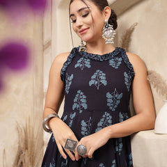 Kimayra Cotton Calf Length Printed Sleeveless Round Neck Flared Kurta