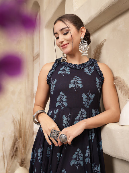 Kimayra Cotton Calf Length Printed Sleeveless Round Neck Flared Kurta