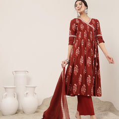 Kimayra Cotton Calf Length Printed 3/4 Sleeve V-Neck Flared Kurta Suit Set