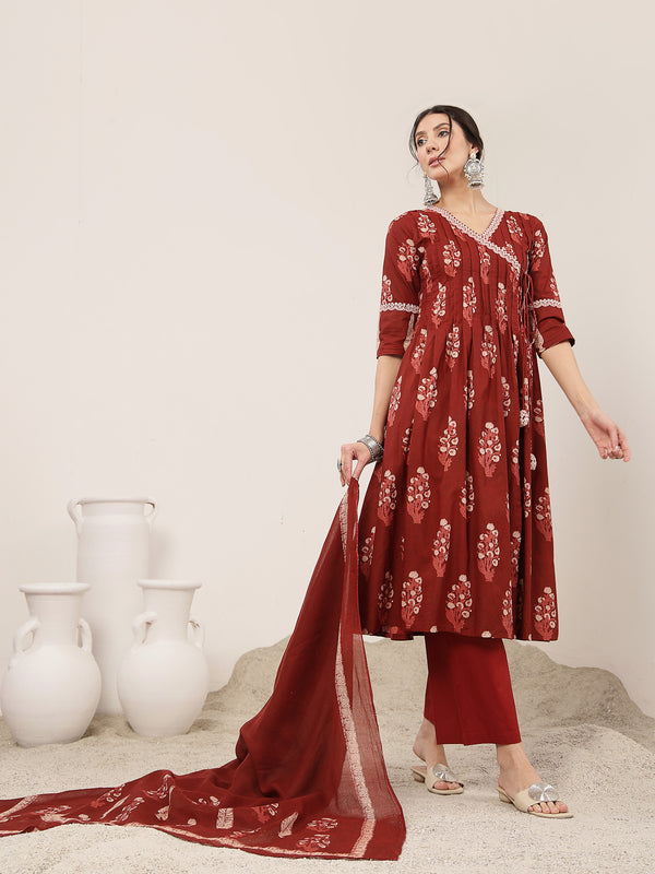 Kimayra Cotton Calf Length Printed 3/4 Sleeve V-Neck Flared Kurta Suit Set