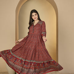 Kimayra Cotton Calf Length Printed 3/4 Sleeves V-Neck Anarkali Kurta