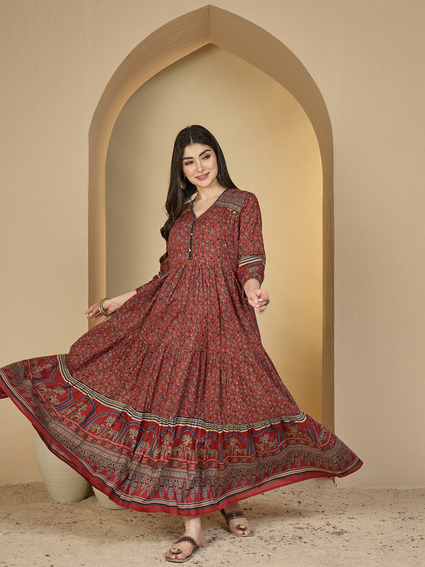 Kimayra Cotton Calf Length Printed 3/4 Sleeves V-Neck Anarkali Kurta