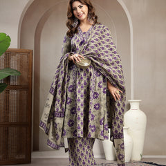 Kimayra Cotton Calf Length Printed 3/4 Sleeve V-Neck A-Line Kurta Suit Set