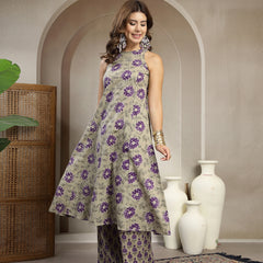 Kimayra Cotton Calf Length Printed Sleeveless Round Neck Flared Kurta Suit Set
