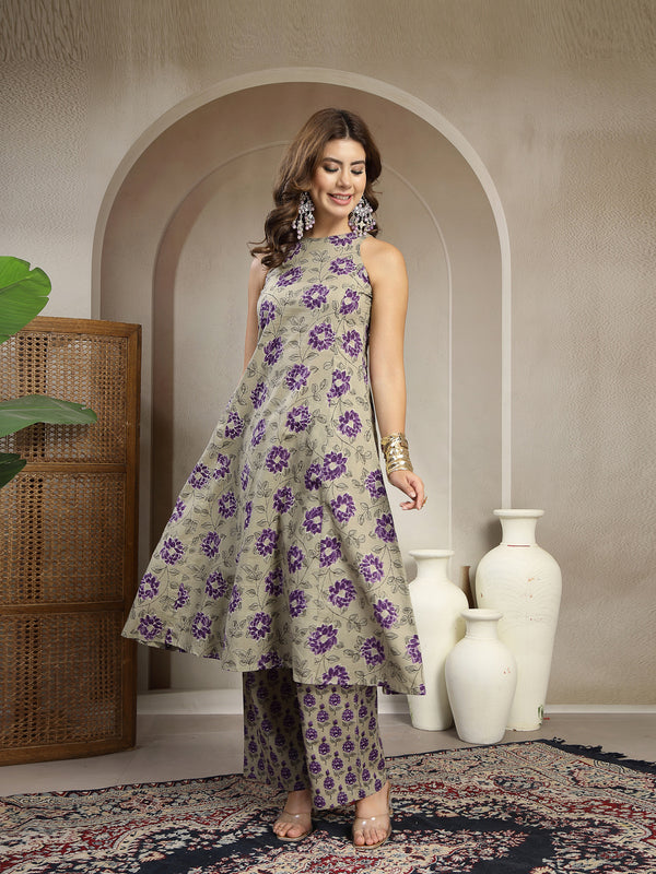 Kimayra Cotton Calf Length Printed Sleeveless Round Neck Flared Kurta Suit Set