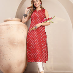 Kimayra Cotton Calf Length Printed Sleeveless Round Neck Straight Kurta