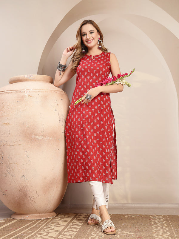Kimayra Cotton Calf Length Printed Sleeveless Round Neck Straight Kurta