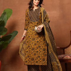Kimayra Cotton Calf Length Printed 3/4 Sleeve Round Neck Straight Kurta Suit Set