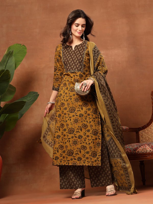 Kimayra Cotton Calf Length Printed 3/4 Sleeve Round Neck Straight Kurta Suit Set