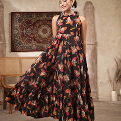 Kimayra Cotton Calf Length Printed Sleeveless Key Hole Neck Flared Kurta