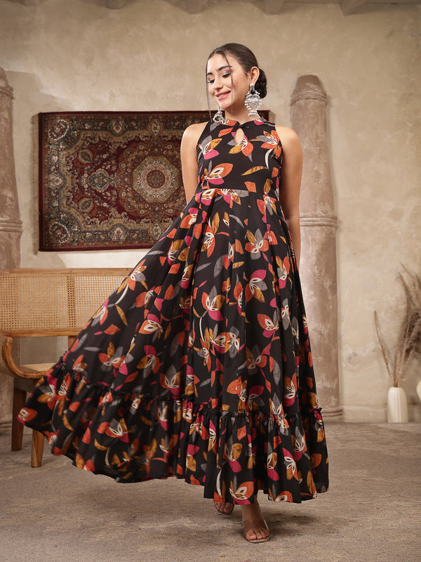 Kimayra Cotton Calf Length Printed Sleeveless Key Hole Neck Flared Kurta