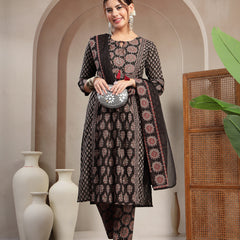 Kimayra Cotton Calf Length Printed 3/4 Sleeve Key Hole Neck Flared Kurta Suit Set