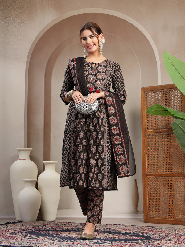 Kimayra Cotton Calf Length Printed 3/4 Sleeve Key Hole Neck Flared Kurta Suit Set