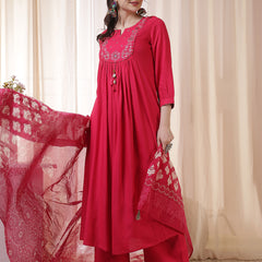 Kimayra Rayon Calf Length Solid 3/4 Sleeves Round Neck Flared Kurta Suit Set