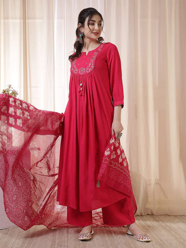 Kimayra Rayon Calf Length Solid 3/4 Sleeves Round Neck Flared Kurta Suit Set