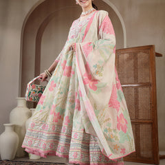 Kimayra Cotton Calf Length Printed 3/4 Sleeve V Neck Flared Kurta Suit Set