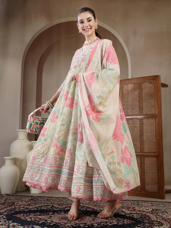 Kimayra Cotton Calf Length Printed 3/4 Sleeve V Neck Flared Kurta Suit Set