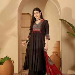 Kimayra Rayon Calf Length Solid 3/4 Sleeve V-Neck Flared Kurta Suit Set