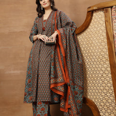 Kimayra Cotton Calf Length Printed 3/4 Sleeve V-Neck Flared Kurta Suit Set
