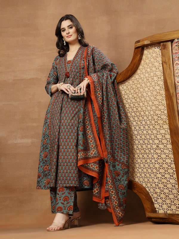 Kimayra Cotton Calf Length Printed 3/4 Sleeve V-Neck Flared Kurta Suit Set