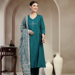 Kimayra Cotton Calf Length Solid 3/4 Sleeve V Neck A Line Kurta