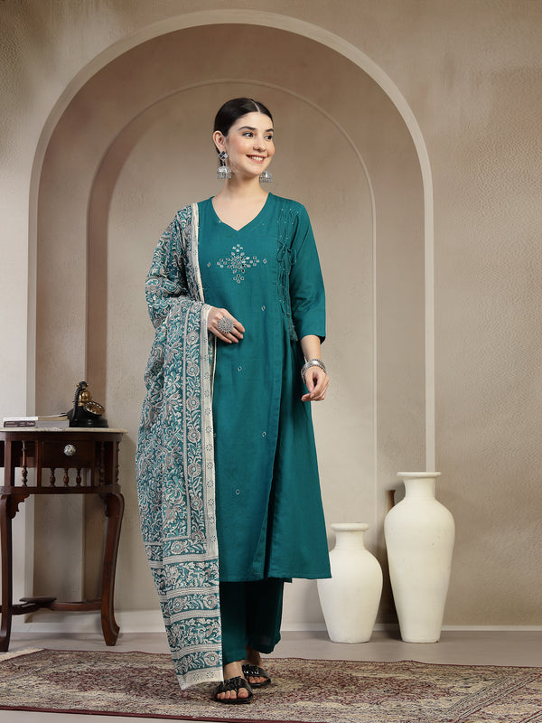 Kimayra Cotton Calf Length Solid 3/4 Sleeve V Neck A Line Kurta