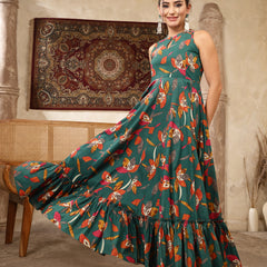 Kimayra Cotton Calf Length Printed Sleeveless Key Hole Neck Flared Kurta