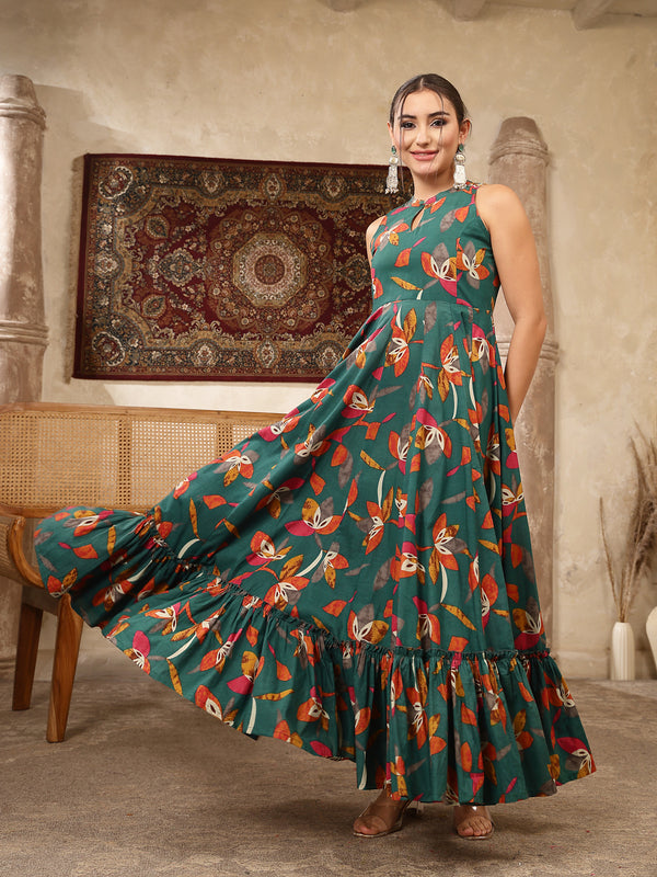 Kimayra Cotton Calf Length Printed Sleeveless Key Hole Neck Flared Kurta