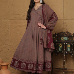 Kimayra Cotton Calf Length Printed 3/4 Sleeves V-Neck Anarkali Kurta Suit Set