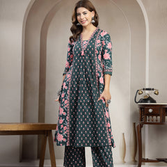 Kimayra Cotton Calf Length Printed 3/4 Sleeve V-Neck Flared Kurta Suit Set