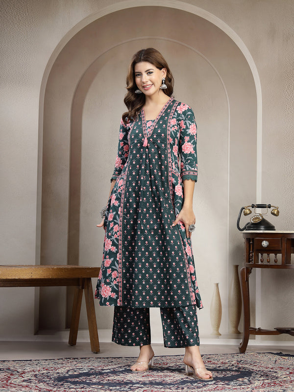 Kimayra Cotton Calf Length Printed 3/4 Sleeve V-Neck Flared Kurta Suit Set