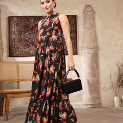 Kimayra Cotton Calf Length Printed Sleeveless Key Hole Neck Flared Kurta