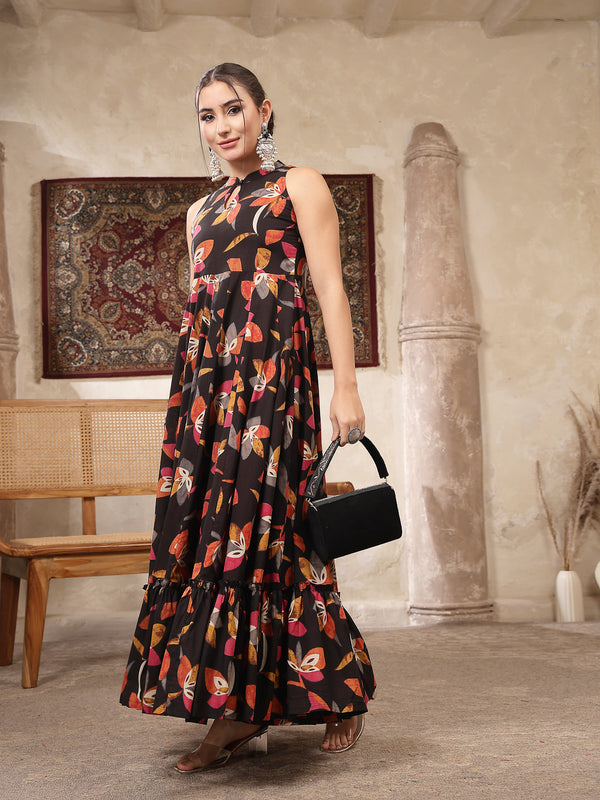 Kimayra Cotton Calf Length Printed Sleeveless Key Hole Neck Flared Kurta