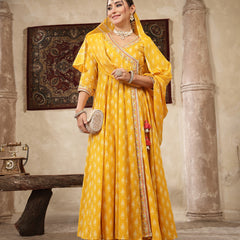 Kimayra Cotton Calf Length Printed 3/4 Sleeve V-Neck Flared Kurta Suit Set