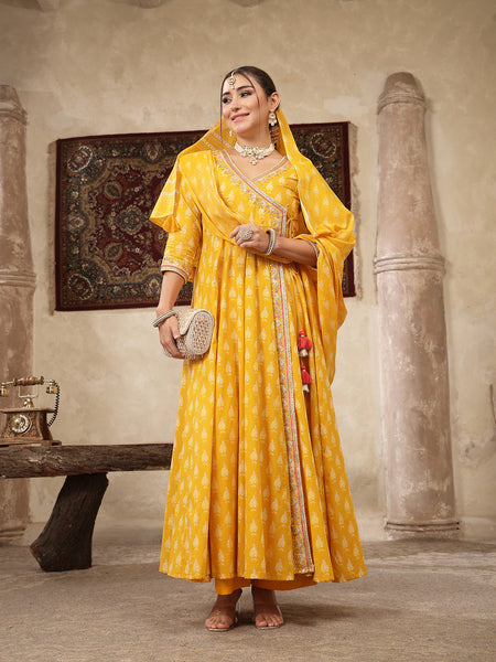 Kimayra Cotton Calf Length Printed 3/4 Sleeve V-Neck Flared Kurta Suit Set