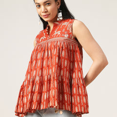 Kimayra Cotton Hip Length Printed Sleeveless Mandarin Collar Flared Top