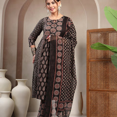 Kimayra Cotton Calf Length Printed 3/4 Sleeve Key Hole Neck Flared Kurta Suit Set