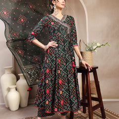 Kimayra Cotton Calf Length Printed 3/4 Sleeve Angrakha Flared Kurta Suit Set