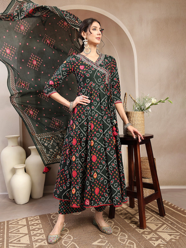 Kimayra Cotton Calf Length Printed 3/4 Sleeve Angrakha Flared Kurta Suit Set